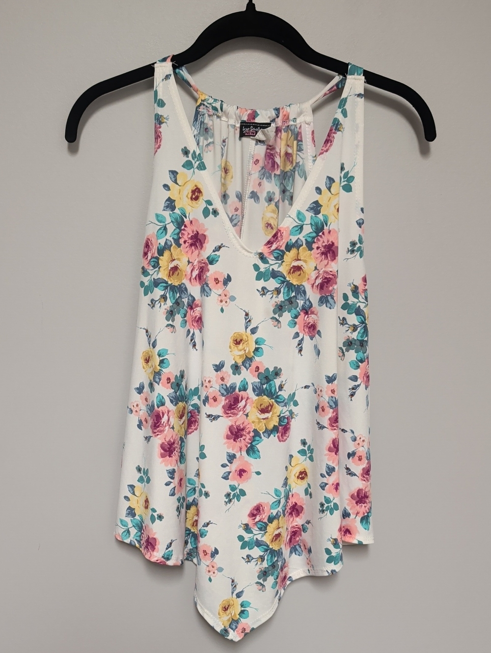 Floral V-Neck Racerback Tank - White with Pink & Yellow Roses